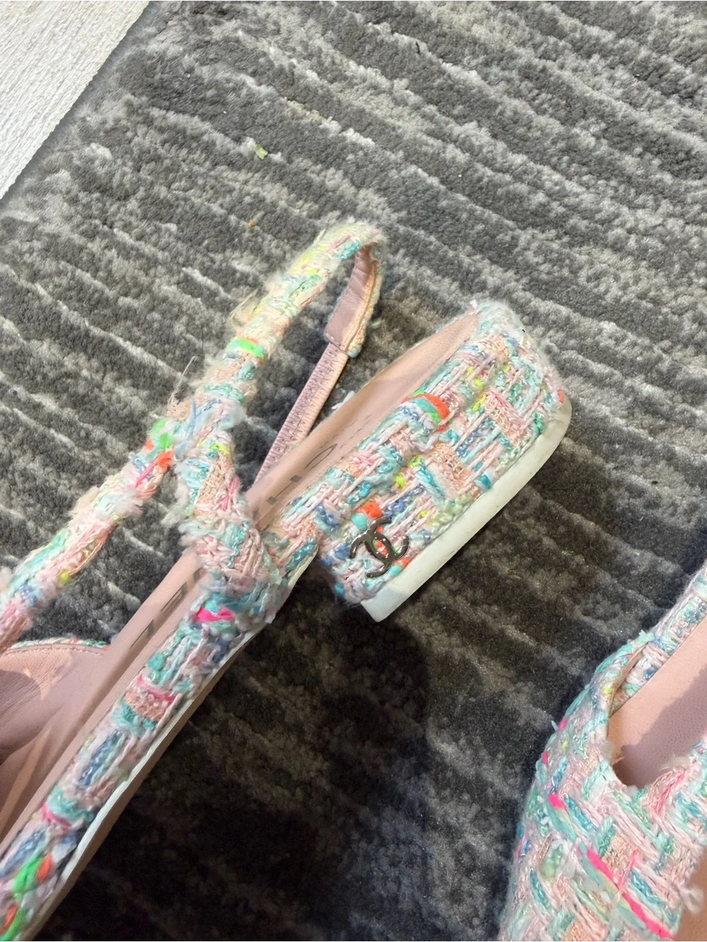 CHANEL Multicolor Tweed Slingback Flats with White Patent Toe